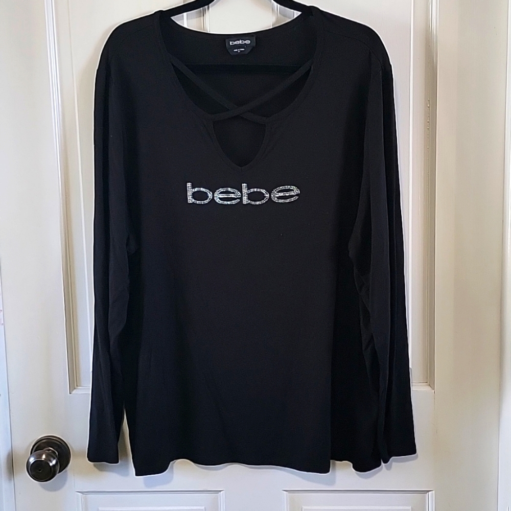 Bebe Women's 2X Black Blouse Top Logo Embellishment